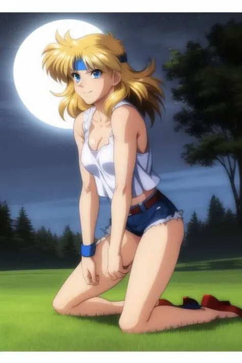 masterpiece, best quality,1girl, solo, ryune,<lora:ryune-000002:1>,
blonde_hair, blue eyes, white tank_top, blue headband, blue both_hand_wristbands, red heel shoes,
single_pantsleg, collarbones, torn_clothes,midriff, torn_jeans, torn_legwear, torn_sleeves, torn_shorts, breasts, cleavage, asymmetrical_clothes, scratches, without socks, belt
looking_at_viewer, kneeling on grass, forest, big moon behind, night
