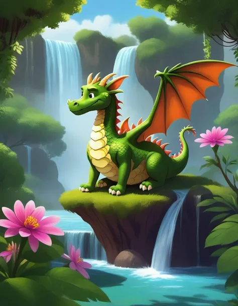 r4y, flatee, shadee, character, a cute dragon sitting on a flower near a waterfall, plants, giant tree, overgrown <lora:DIGIXL_0.1_RC:0.7>