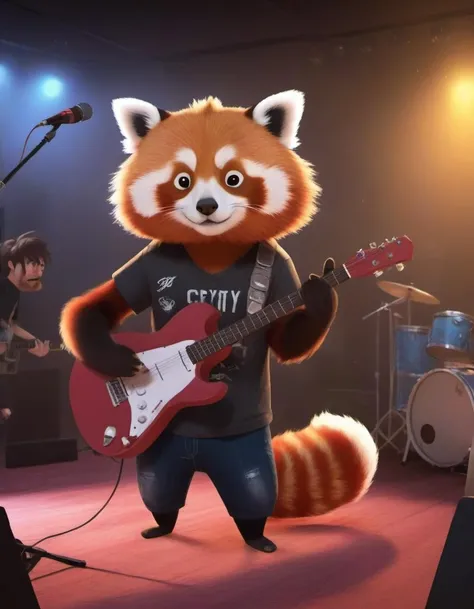 r4y, flatee, shadee, a Red panda playing guitar in a club, rock band, concert <lora:DIGIXL_0.1_RC:0.6>