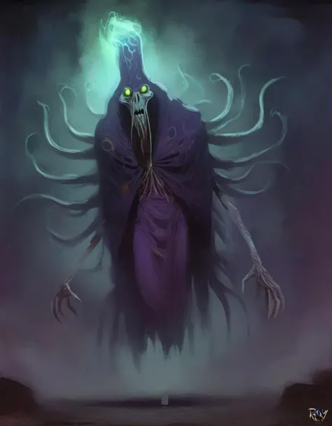 cosmic horror, a monstrous mage with tentacles, yellow and black, horror, dark mood, dark ambient, in a yellow tentacles dark world, looking to the camera