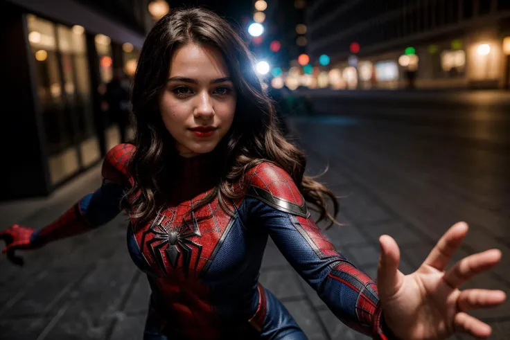 Marvel s,photo of a 18 year old girl,spiderman,dancing,happy,ray tracing,detail shadow,shot on Fujifilm X-T4,85mm f1.2,sharp focus,depth of field,blurry background,bokeh,<lora:add_detail:1>,