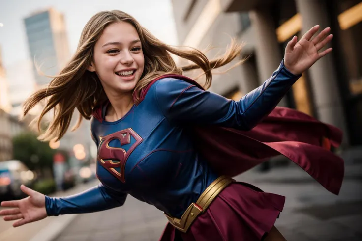 photo of a 18 year old girl,supergirl,happy,laughing,dancing,ray tracing,detail shadow,shot on Fujifilm X-T4,85mm f1.2,sharp focus,depth of field,blurry background,bokeh,lens flare,motion blur,<lora:add_detail:1>,