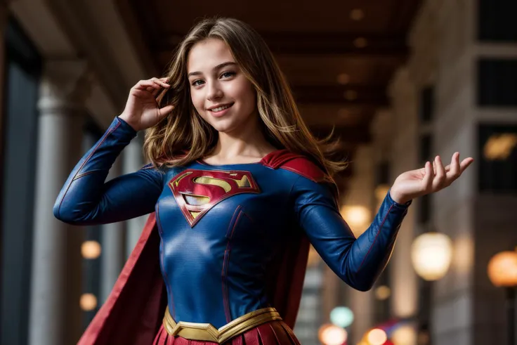 DC ,photo of a 18 year old girl,supergirl,dancing,happy,laughing,nice hands,perfect hands,hand by Guido Daniele,<lyco:GoodHands-beta2:1>,ray tracing,detail shadow,shot on Fujifilm X-T4,85mm f1.2,sharp focus,depth of field,blurry background,bokeh,<lora:add_detail:1>,