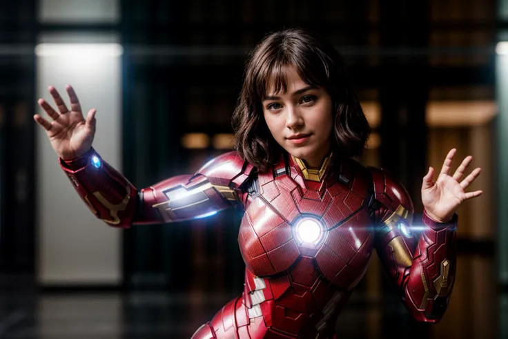 Marvel s,photo of a 18 year old girl,ironman,dancing,happy,ray tracing,detail shadow,shot on Fujifilm X-T4,85mm f1.2,sharp focus,depth of field,blurry background,bokeh,motion blur,motion lines,<lora:add_detail:1>,