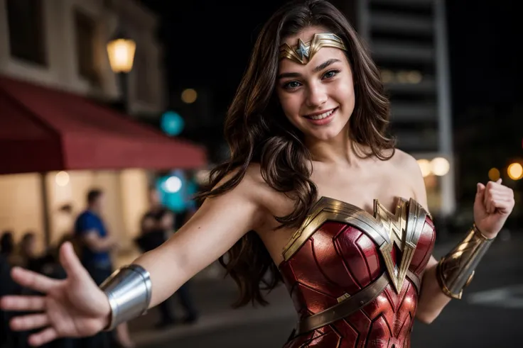 DC ,photo of a 18 year old girl,wonder woman,dancing,happy,laughing,ray tracing,detail shadow,shot on Fujifilm X-T4,85mm f1.2,sharp focus,depth of field,blurry background,bokeh,<lora:add_detail:1>,