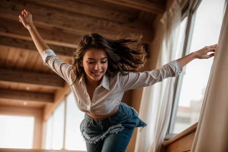 from below,photo of a 18 year old girl,dancing,happy,laughing,ray tracing,detail shadow,shot on Fujifilm X-T4,85mm f1.2,depth of field,bokeh,motion blur,<lora:add_detail:1>,