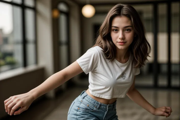 photo of a 18 year old girl,dancing,happy,shirt,pants,ray tracing,detail shadow,shot on Fujifilm X-T4,85mm f1.2,sharp focus,depth of field,blurry background,bokeh,motion blur,<lora:add_detail:1>,<lora:LCM_LoRA_Weights_SD15:1>,