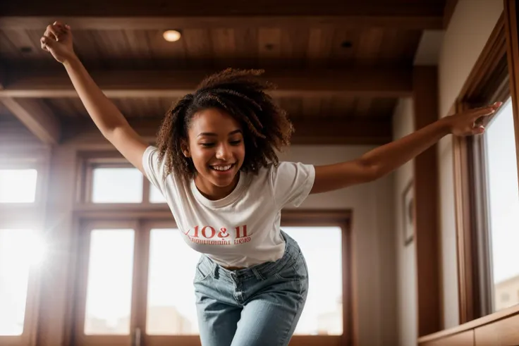 from below,photo of a 18 year old girl,dancing,happy,laughing,shirt,pants,ray tracing,detail shadow,shot on Fujifilm X-T4,85mm f1.2,depth of field,bokeh,motion blur,<lora:add_detail:1>,