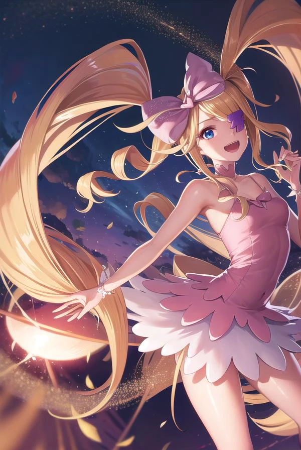 nuiharime, <lyco:nuiharime-lyco-nochekaiser:1>,
nui harime, 10s, big hair, blonde hair, blue eyes, drill hair, eyepatch, hair bow, long hair, pink bow, twin drills, twintails, <lora:smirkingeye_v100:1>, <lora:smirkingmouth_v100:1>, open mouth, smile,
BREAK boots, bow, dress, eyepatch, hair bow, pink footwear, strapless, strapless dress,
BREAK looking at viewer, upper body, full body,
BREAK outdoors,
BREAK <lora:GoodHands-vanilla:1>, (masterpiece:1.2), best quality, high resolution, unity 8k wallpaper, (illustration:0.8), (beautiful detailed eyes:1.6), extremely detailed face, perfect lighting, extremely detailed CG, (perfect hands, perfect anatomy),