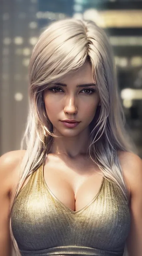 <lyco:locon_alanahpearce_v1_from_v1_64_32:1.6>, (sks woman:1.2), (dynamic pose), (perfect face:1.1), perfect proportional body, (detailed face:1.1), (looking at viewer:1.2), perfect woman, parted lips, teeth, gorgeous, medium breast, (cleavage:1.1), (voluminous long white hair:1.2), long hair, (shiny gold leggings:1.2), ( tight gold crop top:1.1) (warm tones:1.4), (cityscape:1.1), highres, (intricate details:1.2), Photography, (RAW photo:1.2), (photo masterpiece:1.4), (Best photo quality:1.4) (photorealistic:1.5), (diffuse lighting:1.2), sharp focus, (film grain:1.2),