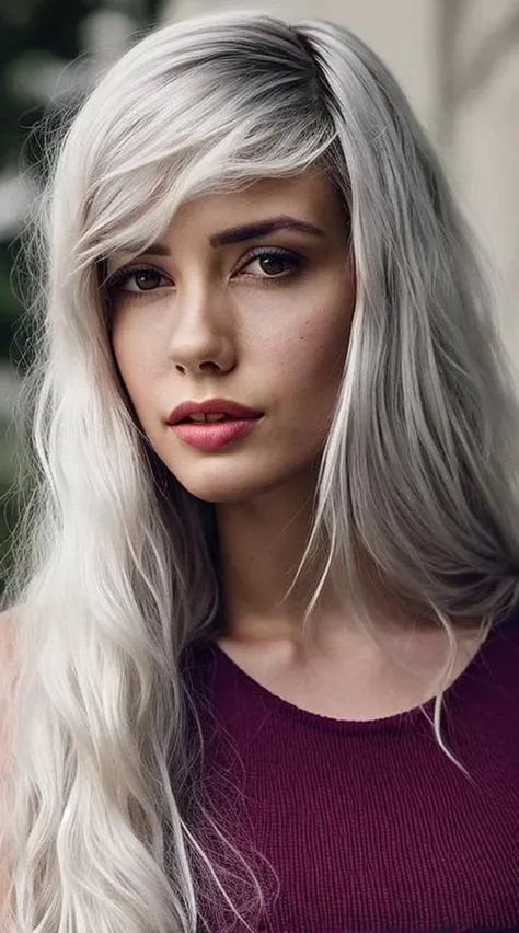 photo of sks woman by Flora Borsi, style by Flora Borsi, bold, bright colours, white hair, long hair, full hair, bangs, upper body focus, Flora Borsi, <lyco:locon_alanahpearce_v1_from_v1_64_32:1.25>