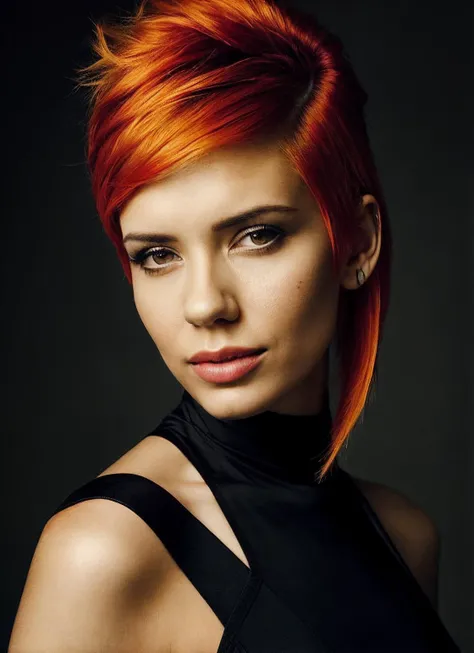 portrait of sks woman by Flora Borsi, style by Flora Borsi, bold, bright colours, orange Mohawk haircut, ((Flora Borsi)), <lora:locon_alanahpearce_v1_from_v1_64_32:1>