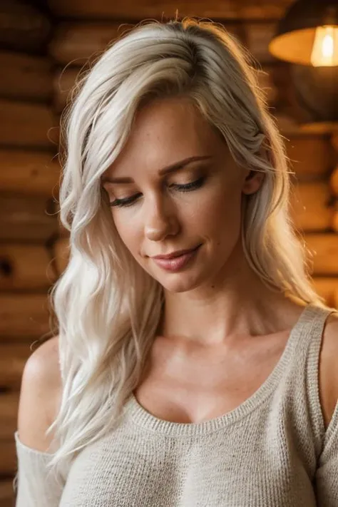 a realistic photo of 30 year old (sks woman:1.3), alanah pearce, detailed face, perfect face, face focus, sharp focus, detailed skin, smooth skin, pores, (thick perfect hair, smooth hair, long white hair), (white hair), toned body, huge breasts, breasts squeezed together, wearing a tight smooth dark tanktop, bare shoulders, (wearing open sweater), in a log cabin in winter, fireplace, wooden ornaments, soft rug, (in dimly lit room, wood, warm lighting, warm tones, warm colors, dust particles, cozy), <lora:locon_alanahpearce_v1_from_v1_64_32:1.1> <lora:breasts_squeezed_together_v0.2:1.1>