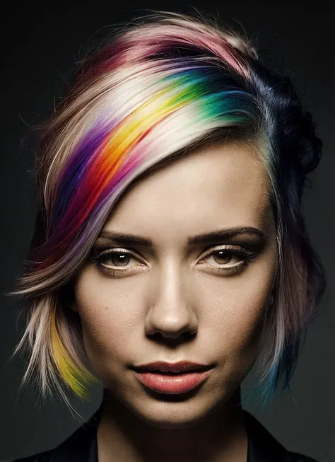 portrait of sks woman by Flora Borsi, style by Flora Borsi, bold, bright colours, rainbow Mohawk haircut, ((Flora Borsi)), <lora:locon_alanahpearce_v1_from_v1_64_32:1>