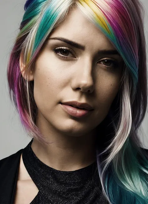 portrait of sks woman by Flora Borsi, style by Flora Borsi, bold, bright colours, rainbow Mohawk haircut, ((Flora Borsi)), <lora:locon_alanahpearce_v1_from_v1_64_32:1>