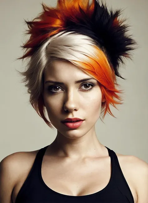 portrait of sks woman by Flora Borsi, style by Flora Borsi, bold, bright colours, orange Mohawk haircut, ((Flora Borsi)), <lora:locon_alanahpearce_v1_from_v1_64_32:1.25>
