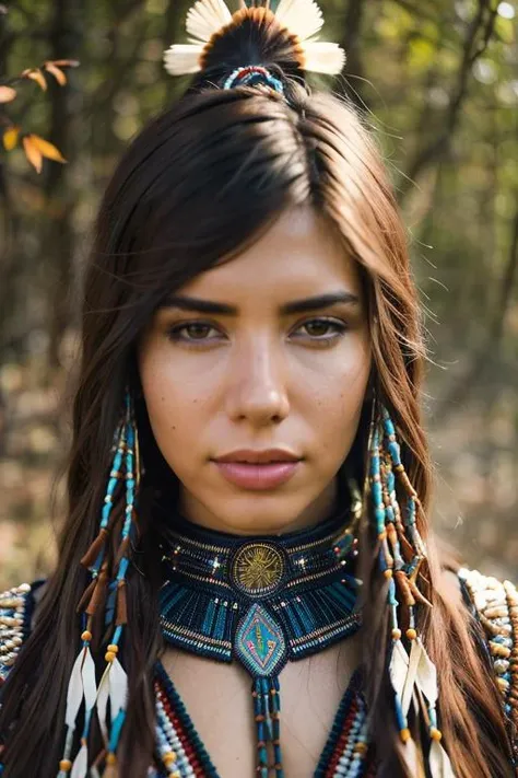 A stunning intricate full color portrait of (sks woman:1) as native american warrior, beaded leather outfit, epic character composition, by ilya kuvshinov, alessio albi, nina masic, sharp focus, natural lighting, subsurface scattering, f2, 35mm, film grain, <lyco:locon_alanahpearce_v1_from_v1_64_32:1>