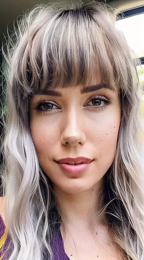 photo of sks woman, bold, bright colours, white hair, long hair, full hair, bangs, upper body focus, <lyco:locon_alanahpearce_v1_from_v1_64_32:1.25>,