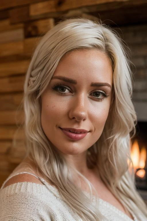 a realistic photo of 30 year old (sks woman:1.3), alanah pearce, detailed face, perfect face, face focus, sharp focus, detailed skin, (thick perfect hair, smooth hair, long white hair), (white hair), toned body, huge breasts, breasts squeezed together, wearing a tight smooth dark tanktop, bare shoulders, bare legs, (wearing open sweater), in a log cabin in winter, fireplace, wooden ornaments, soft rug, (in dimly lit room, wood, warm lighting, warm tones, warm colors, dust particles, cozy), <lora:locon_alanahpearce_v1_from_v1_64_32:1.1> <lora:breasts_squeezed_together_v0.2:1.1>
