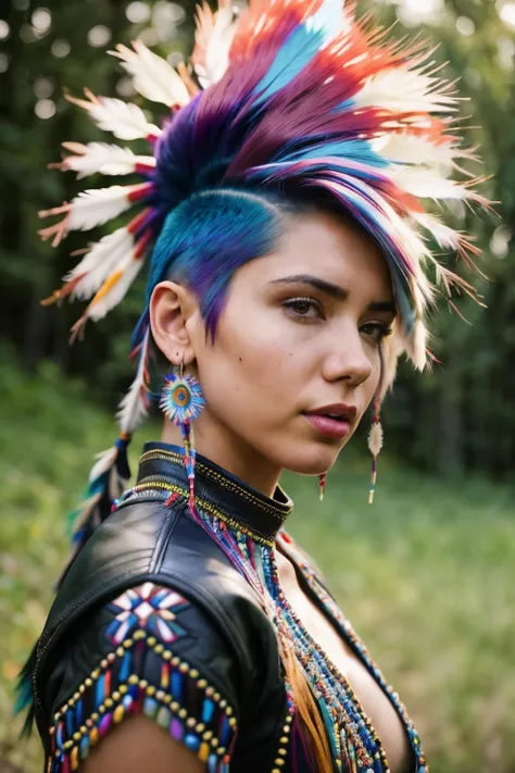 A stunning intricate full color portrait of (sks woman:1) as native american warrior, beaded leather outfit, style by Flora Borsi, bold, bright colours, rainbow Mohawk haircut, epic character composition, by ilya kuvshinov, alessio albi, nina masic, sharp focus, natural lighting, subsurface scattering, f2, 35mm, film grain, <lyco:locon_alanahpearce_v1_from_v1_64_32:1>