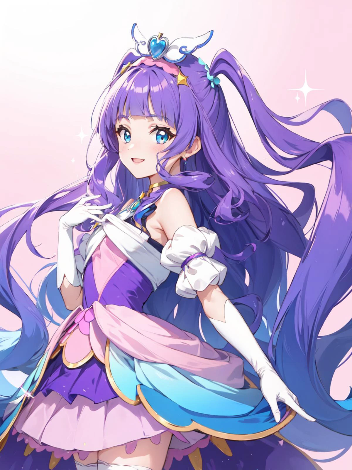 masterpiece, best quality, looking at viewer, depth of field, standing,
1girl, <lora:locon_cure_majesty_01:0.85>, cure majesty, two side up, hair ornament, elbow gloves, frilled thighhighs,
smile, ((gradient background)), lens flare,