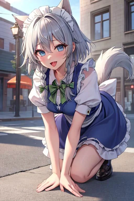 (masterpiece best quality:1.4), perfect finish, high res, insanely detailed delicate beautiful, realistic careful skin coloring, uncensored, Sakuya, collar and leash, dog ears, dog tail, smile, crawl on all fours, walk, open mouth, tongue out, saliva, saliva drip, mouth steam, detailed eyes, shiny skin, maid headdress, izayoi sakuya, braid, twin braids, grey hair, short hair, sakuya, solo, looking at viewer, bow, blue eyes, hair bow, green bow, bangs, maid, puffy sleeves, short sleeves, apron, dress, blue dress, front view, from front, from below, daytime shopping street, cinematic lighting,