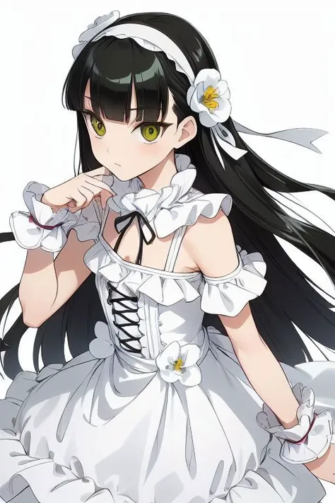 Kazamori, Black eyes, yellow-green eyes, black hair, very long hair, blunt bangs, center-flap bangs, white dress, frilled dress, cross-laced dress, center opening, frilled leotard, white shoes, simple hairband, white hairband, wrist cuffs, white wrist cuffs, ribbon, purple ribbon, flat chest, handbag, light pink handbag, bare shoulders, white frilled collar, flowers on collar, blue flowers,