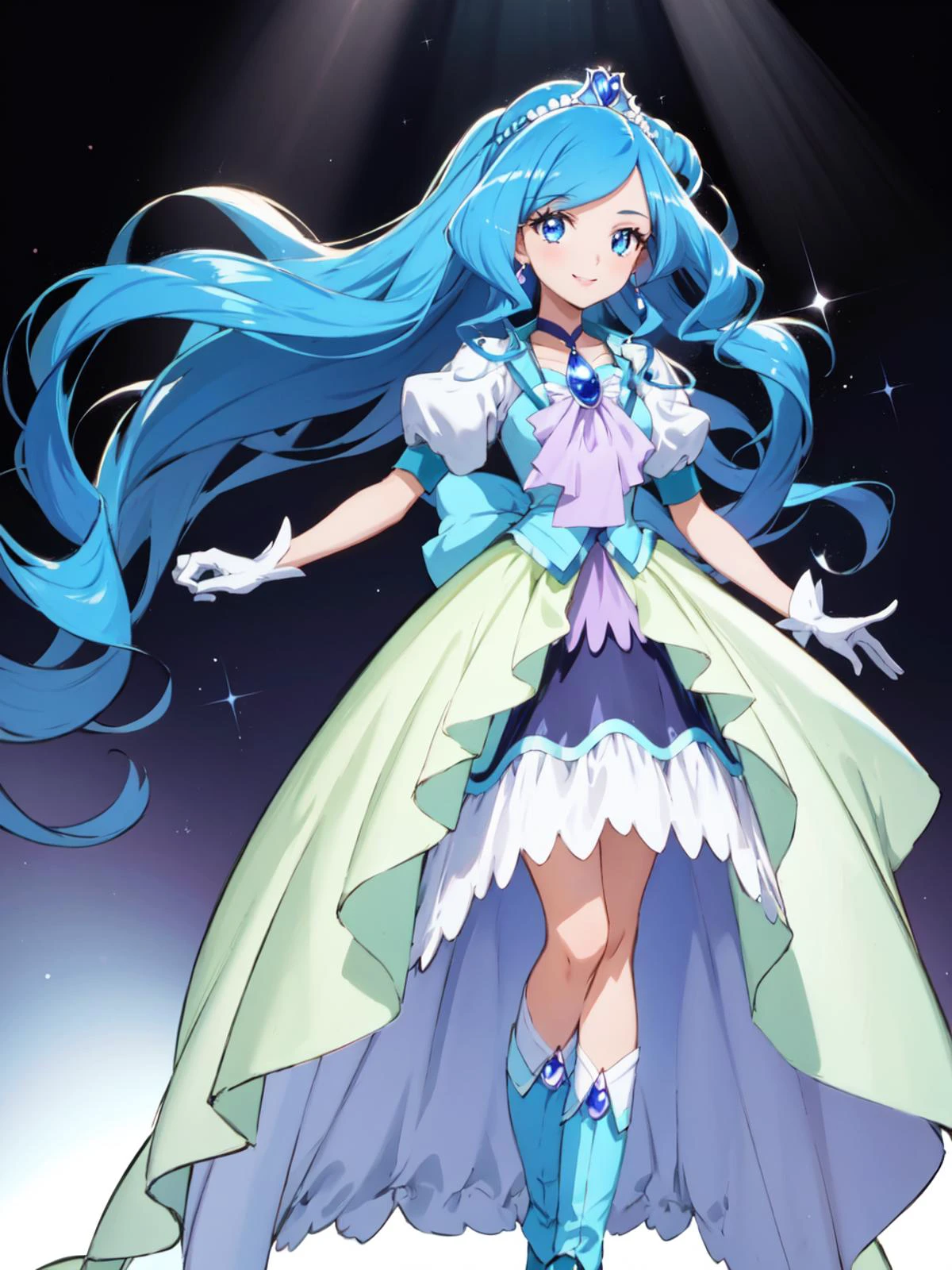 masterpiece, best quality, looking at viewer, depth of field, standing, full body,
1girl, <lora:locon_cure_fontaine_01:0.85>, cure fontaine, tiara, white gloves, ascot, brooch, vest, choker, blue boots,
smile, ((gradient background)), lens flare,