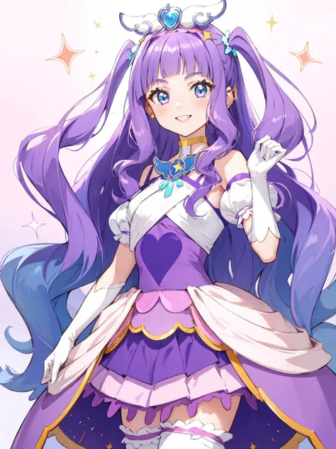 masterpiece, best quality, looking at viewer, depth of field, standing, cowboy shot, 
1girl, <lora:locon_cure_majesty_01:0.9>, cure majesty, purple hair, two side up, hair ornament, elbow gloves, frilled thighhighs,
smile, ((gradient background)), lens flare,