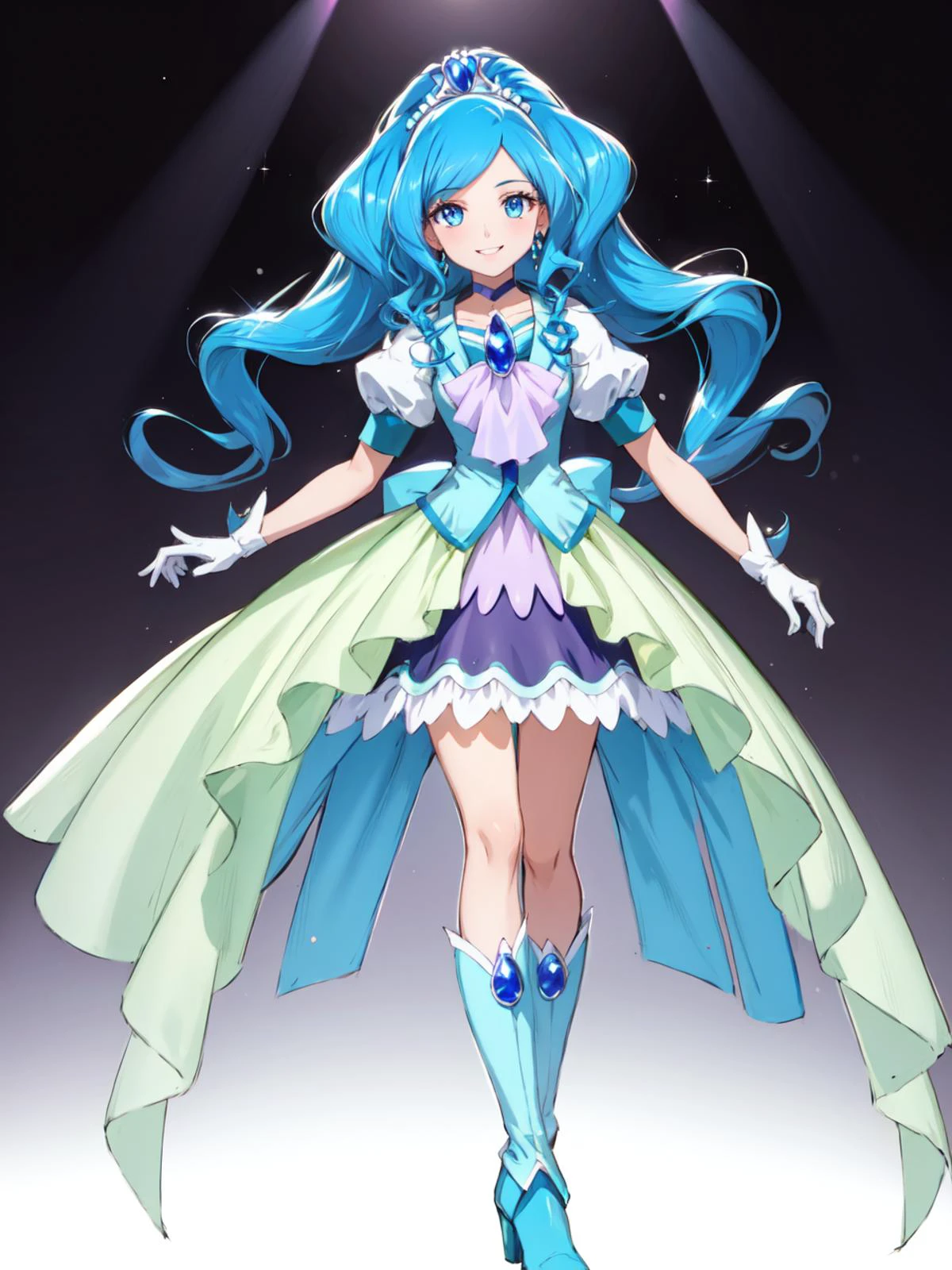 masterpiece, best quality, looking at viewer, depth of field, standing, full body,
1girl, <lora:locon_cure_fontaine_01:0.85>, cure fontaine, tiara, white gloves, ascot, brooch, vest, choker, blue boots,
smile, ((gradient background)), lens flare,