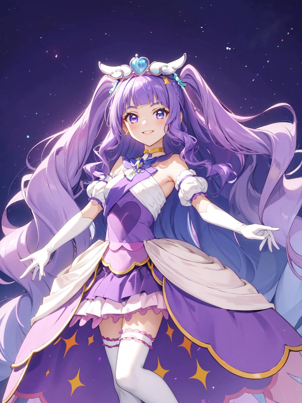 masterpiece, best quality, looking at viewer, depth of field, standing, full body,
1girl, <lora:locon_cure_majesty_01:0.85>, cure majesty, purple hair, two side up, hair ornament, elbow gloves, frilled thighhighs,
smile, ((gradient background)), lens flare,