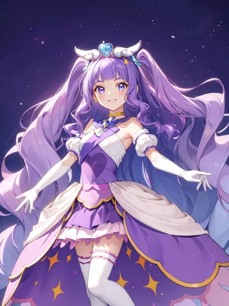 masterpiece, best quality, looking at viewer, depth of field, standing, full body, 
1girl, <lora:locon_cure_majesty_01:0.85>, cure majesty, purple hair, two side up, hair ornament, elbow gloves, frilled thighhighs, 
smile, ((gradient background)), lens flare,