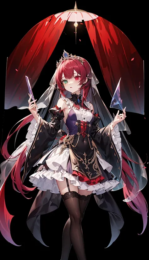 (red victorian dress(transparent:1.3):1.0), Top frilled dress, Purple blue heterochromia, masterpiece, best quality, Long hair, (Purple red gradient hair), Small breasts, very thin, (Black veil (transparent:1.5)), (Long hair (small tails)), Tiara, (Wide sleeves (transparent:1.5)), (Stockings (Frilled))