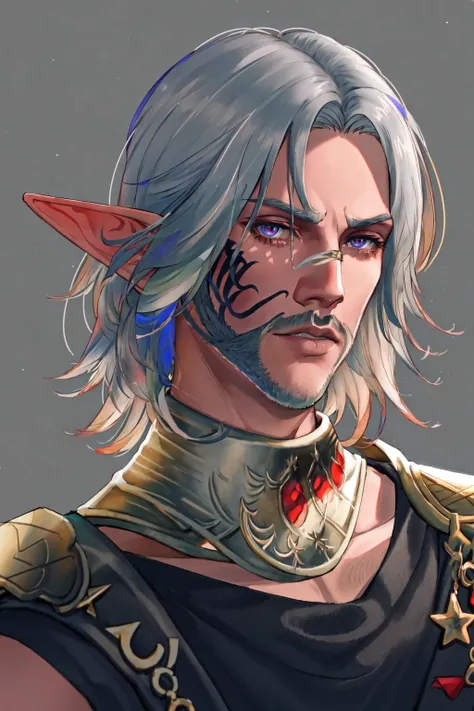 Elf Man, masculine, with white hair and tattoo on the neck. striking eyes.