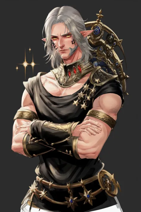 Urianger, looking at viewer, yellow eyes, upper body, medium hair, tattoo, muscular, facial hair, crossed arms, pectorals, muscular male, black background, beard, mature male <lora:Urianger:1>