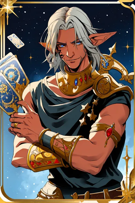 Urianger, solo, solo focus, looking at viewer, smile, holding, jewelry, upper body, book, tattoo, colored skin, facial mark, armlet, card, fantasy, bookshelf, bracer, holding card <lora:Urianger:0.75>