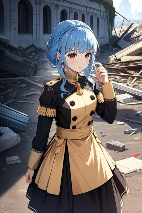 (masterpiece, best quality), intricate details,
1girl, <lora:marianne-03:0.8>marianne_von_edmund, 1girl, blue hair, solo, braid, brown eyes, crown braid, dress, long sleeves, garreg mach monastery uniform,
battlefield, battle, debris, rubble,