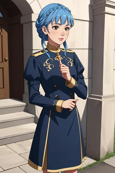 (masterpiece, best quality), intricate details,
1girl, <lora:marianne-03:0.8>marianne_von_edmund, 1girl, blue hair, solo, braid, brown eyes, crown braid, dress, long sleeves, garreg mach monastery uniform,
castle, sidewalk,