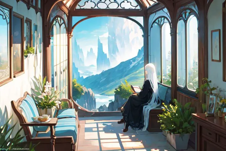 (otherworldly), highly insanely detailed, masterpiece, top quality, best quality, highres, 4k, 8k, RAW photo, (very aesthetic, beautiful and aesthetic), A dreamy window seat overlooking a picturesque view, where the girl can daydream, journal, or simply gaze out at the world outside. The soft sunlight streaming in adds to the peaceful ambiance. Dreamy window seat, picturesque view, daydreaming, journaling, soft sunlight, peaceful ambiance., (fantasy world)