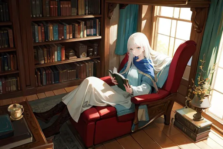 (otherworldly), highly insanely detailed, masterpiece, top quality, best quality, highres, 4k, 8k, RAW photo, (very aesthetic, beautiful and aesthetic), A reading nook bathed in natural light, featuring a comfortable armchair, a soft blanket, and a collection of favorite books. It's the perfect spot for the girl to immerse herself in stories and adventures. Reading nook, natural light, comfortable armchair, soft blanket, favorite books, stories, adventures., (fantasy world)