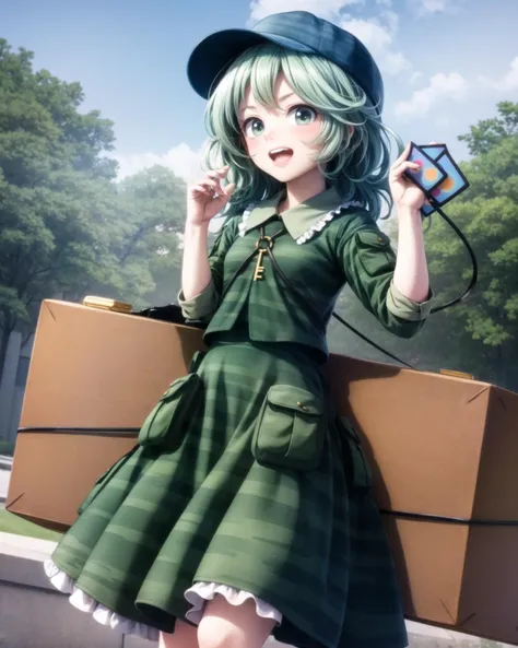 <lora:touhou_yamashiro-11:1>, cowboy shot, solo, 1girl, yamashiro takane, smile, looking at viewer, hat, flat cap, camouflage, frills, shirt, long sleeves, green skirt, boots, key, jungler, (kbxll:0.6), <lora:add_detail:1>, masterpiece, best quality, perfect composition, outdoors, mountains, blue sky