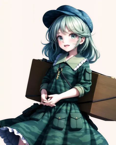<lora:touhou_yamashiro-11:1>, cowboy shot, solo, 1girl, yamashiro takane, smile, looking at viewer, hat, flat cap, camouflage, frills, shirt, long sleeves, green skirt, boots, key, jungler, (kbxll:0.6), <lora:add_detail:1>, masterpiece, best quality, perfect composition, outdoors, mountains, blue sky