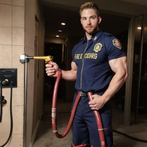 Chris Pine, face, male, body, firefighter outfit, holding hose, fire extinguisher on the side, muscular
