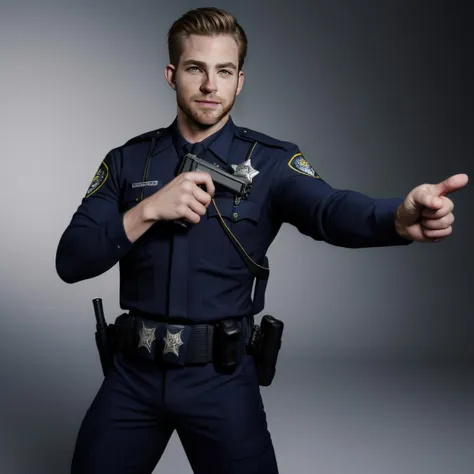 Chris Pine, face, male, body, police outfit, gun on waist, pointing forward, police pose