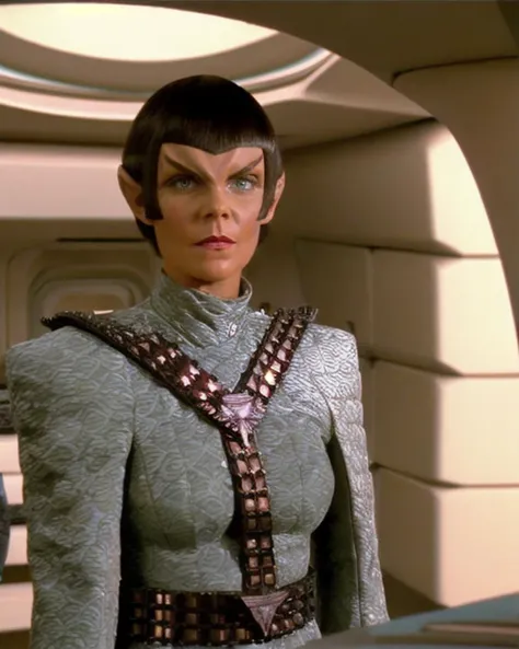 romulan, female, (toreth:1.1), carolyn seymour, pointy ears, medium olive skin, perfecteyes eyes, v-shaped brow ridge on forehead, short bob hair with straight bangs, wearing red lipstick, serious expression, wearing romulan uniform, wearing belted harness, silver clothing, standing a copper and teal blue sci-fi room, raw photograph, wide shot, <lora:romulan_lora:0.8>, <lora:locon_perfecteyes_v1_from_v1_64_32:0.2>