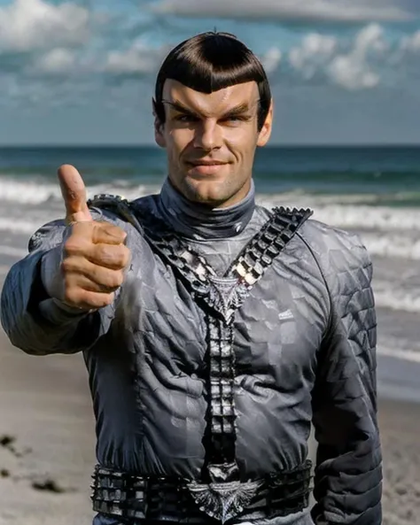 romulan, male, (parem:1.2), 34 years old, pointy ears, pale olive skin, v-shaped brow ridge on forehead, short bob hair with v-shaped bangs, slight smile, wearing sunglasses, wearing romulan uniform, wearing belted harness, (grey and silver clothing:1.2), single thumbs up, centered subject, at the beach, sunny day, ocean, sand, palm trees, outdoors, facing forward, front view, medium shot, brian cousins, <lora:romulan_lora:0.8>, <lora:single thumbs up:1>
