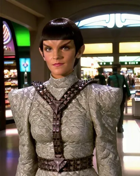 romulan, female, emma watson, pointy ears, medium olive skin, perfecteyes eyes, v-shaped brow ridge on forehead, short bob hair with straight bangs, wearing red lipstick, slight smile, wearing romulan uniform, wearing belted harness, silver clothing, walking in a shopping mall, raw photograph, wide shot, <lora:romulan_lora:0.8>, <lora:locon_perfecteyes_v1_from_v1_64_32:0.2>