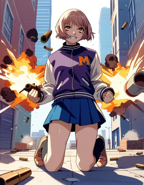 score_9,  score_8_up, score_7_up
<lora:Yasuomi Umetsu_XL_PONY:0.8> rating_general, 
<lora:mikura-ponyxl-000030:0.6> mikuraova, yellow eyes, letterman jacket, purple shirt, white sleeves, skirt, blue skirt, 1girl, solo, grin, kneeling, bomb, explosion, building, bullet hole, urban