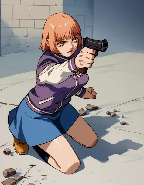 score_9, score_8_up, score_7_up
<lora:Yasuomi Umetsu_XL_PONY:0.8> rating_general,
<lora:mikura-ponyxl-000030:0.6> mikuraova, yellow eyes, letterman jacket, purple shirt, white sleeves, skirt, blue skirt, 1girl, solo, kneeling, aiming, firing, handgun, bowling alley