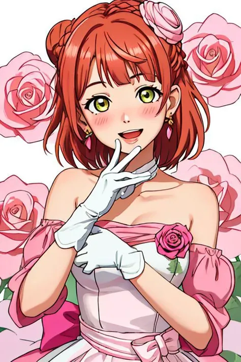 best quality, masterpiece, highres, solo, {uehara_ayumu_loveliveschoolidolfestivalallstars:1.15}, bangs, medium_hair, yellow_eyes, hair_bun, hair_ornament, single_side_bun, smile, blush, orange_hair, pink_hair, braid, swept_bangs, blunt_bangs, half_updo, green_eyes, 1girl, bow, earrings, flower, jewelry, pink_flower, gloves, pink_rose, white_gloves, hair_flower, ribbon, rose, braided_bun, hair_bow, pink_dress, dress, looking_at_viewer, breasts, detached_sleeves, open_mouth, white_background, strapless
<lora:uehara_ayumu_loveliveschoolidolfestivalallstars:0.5>